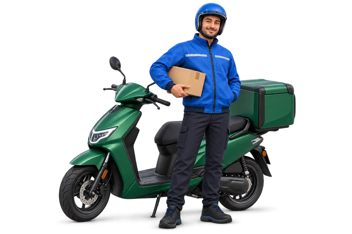Teslimat motosikletinin yanında paket taşıyan kurye